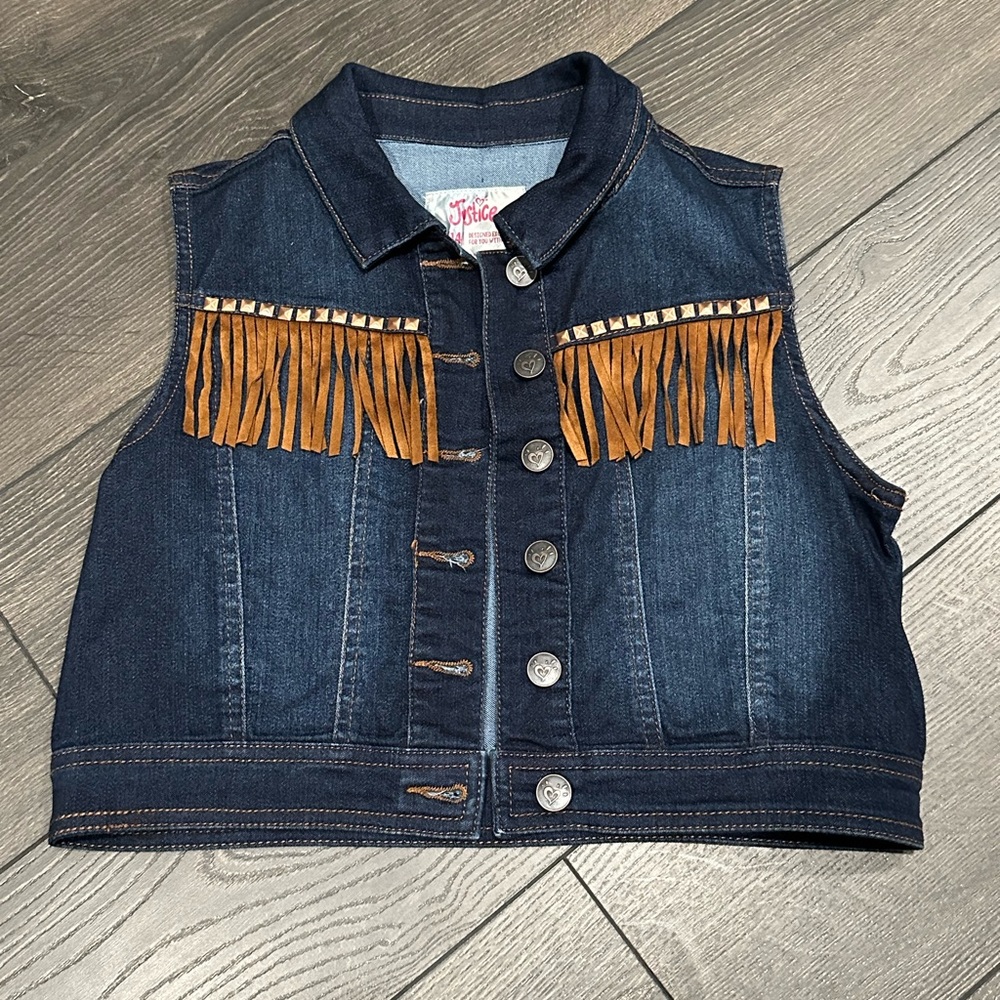 JUSTICE COWGIRL BLUE BUTTON JEAN JACKET WITH TASSELS AND JEWELS